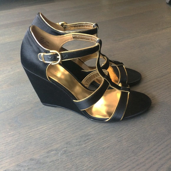 Coach | Black Satin Gold Trim Wedge Heel Sandals - Picture 4 of 8